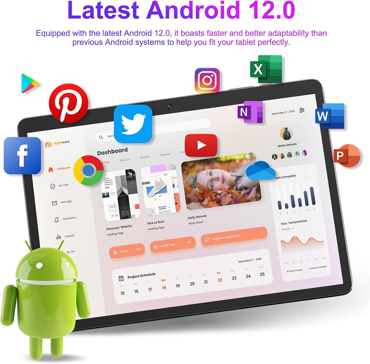 Android 12 Tablet with 10.1 Inch 1280 * 800 IPS Srceen, 2GB RAM 64GB ROM Tablet, Octa-Core 1.6GHz Processor, 5MP+2MP Dual Camera, 5000mAh, WiFi, Bluetooth 5.0, GPS, 256GB Expansion