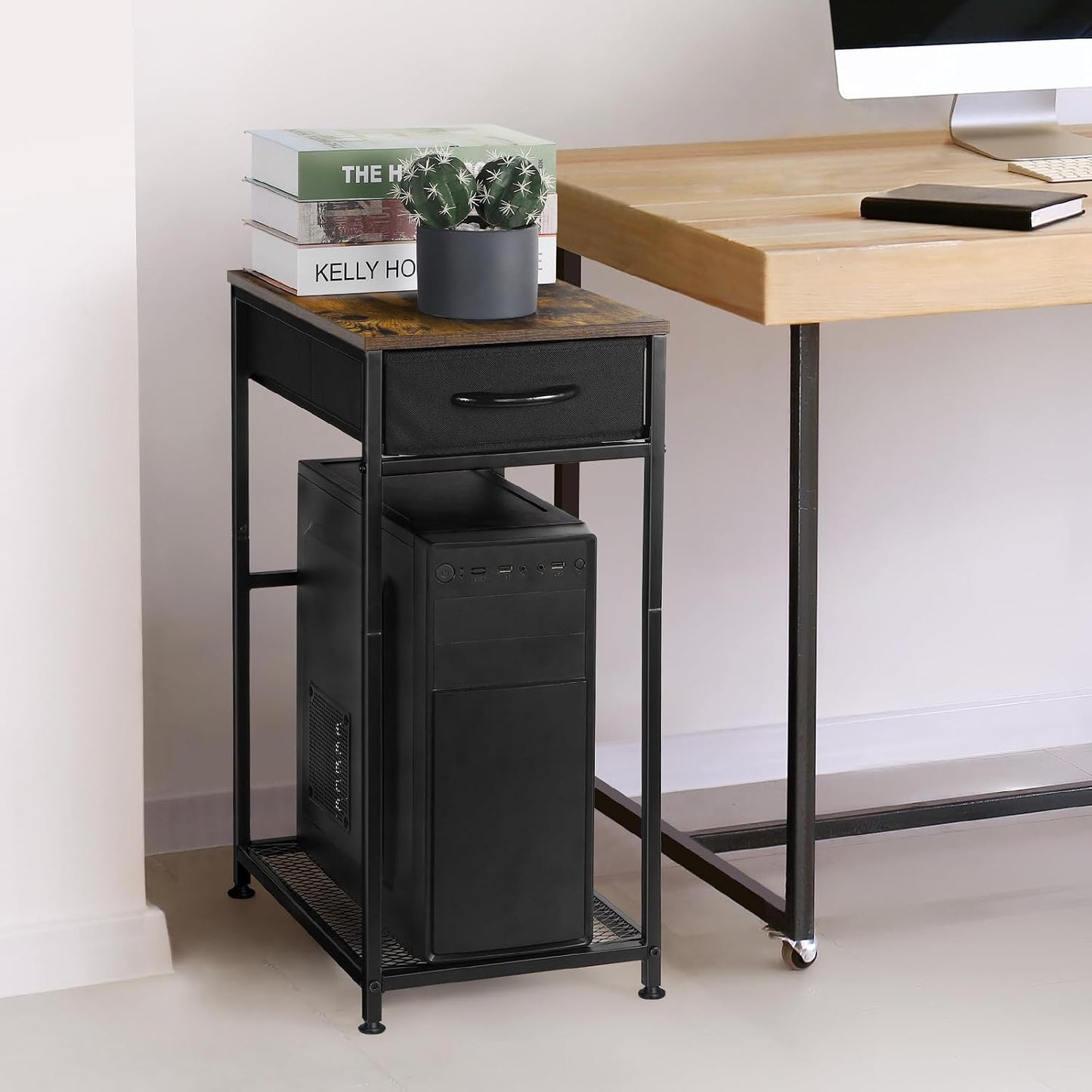 Computer Tower Stand PC Tower Stand with Storage Drawer Mobile CPU Holder Stand with Caster Wheels 2 Tier Rolling Computer Tower Cart for Home Office Fax, Rustic Brown