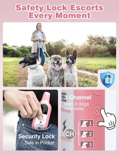 Peture Shock Collar with Remote -Long Range Control Training Collar for Dogs Rechargeable IPX7 Waterproof Dog Training Collar for Large Medium Small Dogs 3 Chanal (Pink)