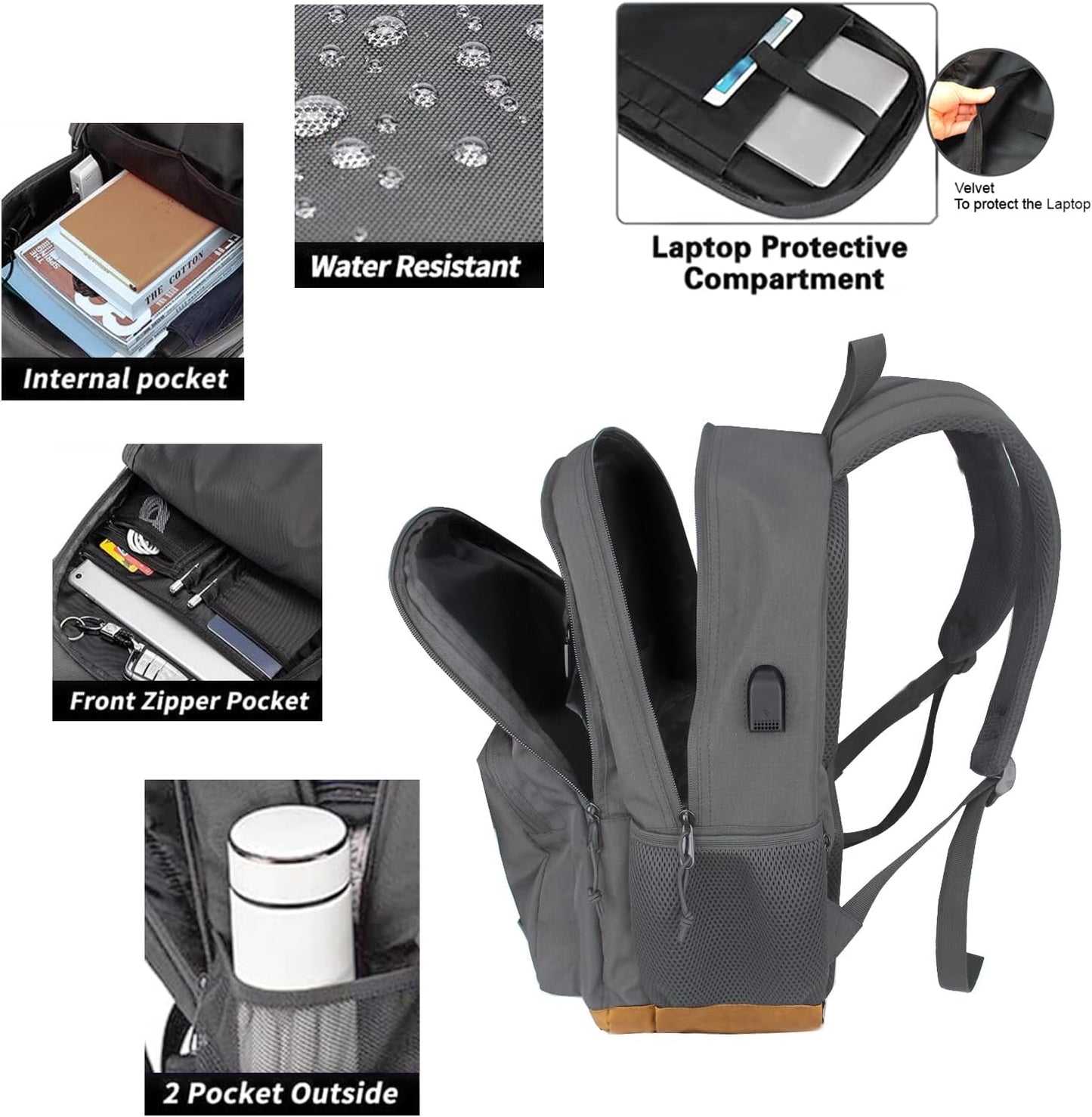 KEOFID classic carry-on travel backpack for men and women, Anti theft laptop backpack with USB charging port, large backpack for college(dark black）