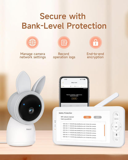 Arenti Baby Monitor 2 Cameras, 2K Smart Baby Camera 2PC with 5-Inch Upgraded Wireless Display 1PC, Super Night Vision, Lullabies, Cry & Motion Detection, Temp & Humidity Sensor, Two Way Audio, ‎Wifi 6