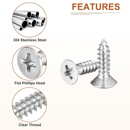DTGN 100Pcs #6x1/2 Flat Head Wood Screws, 304 Stainless Steel Phillips Self Tapping Screws - Good for Woodworking, Furniture - Silver