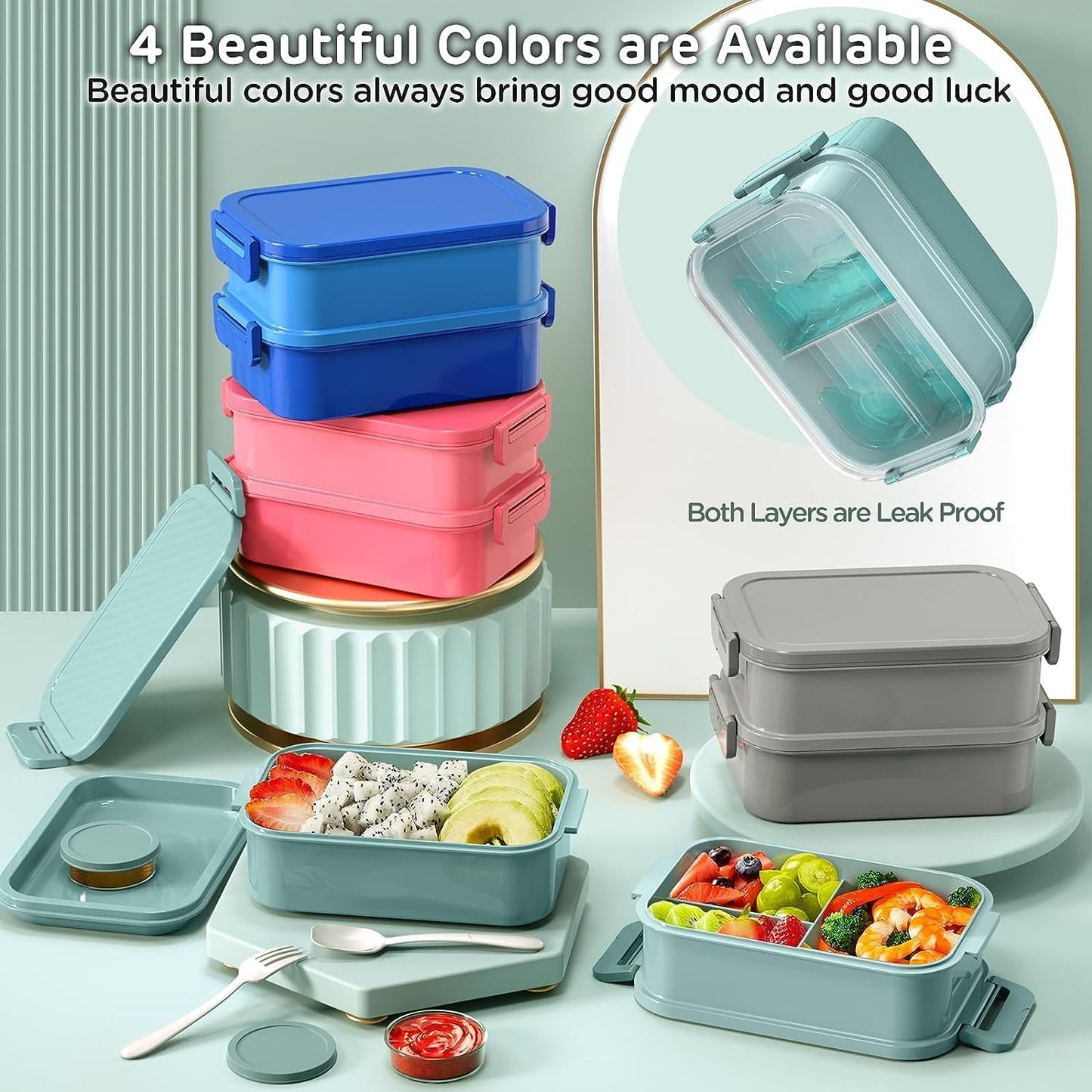 JSCARES Lunch Box Adults Bento Box - All-in-One Stackable 74 OZ Lunch Box Containers for Adult Large Bento Box with Fork Spoon Sauce Boxes, Leakproof Lunchbox for Work School Dining Out (Green)