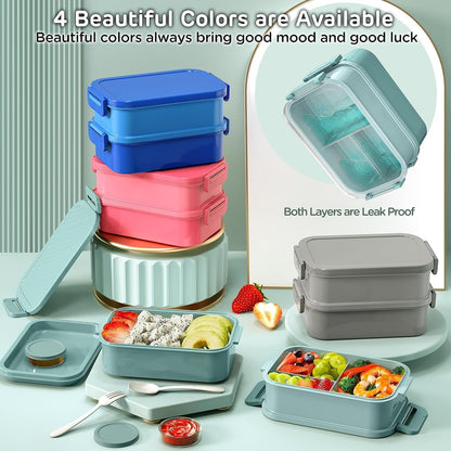 JSCARES Lunch Box Adults Bento Box - All-in-One Stackable 74 OZ Lunch Box Containers for Adult Large Bento Box with Fork Spoon Sauce Boxes, Leakproof Lunchbox for Work School Dining Out (Green)