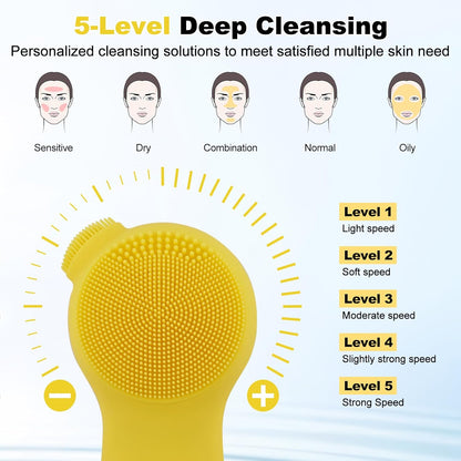 Ancaedhy 3 in 1 Facial Cleansing Brush, 5 Levels Deep Cleansing, Electric Face Scrubber for Men and Women, USB Rechargeable, IPX7 Waterproof, Yellow Silicone Face and Nose Scrubber