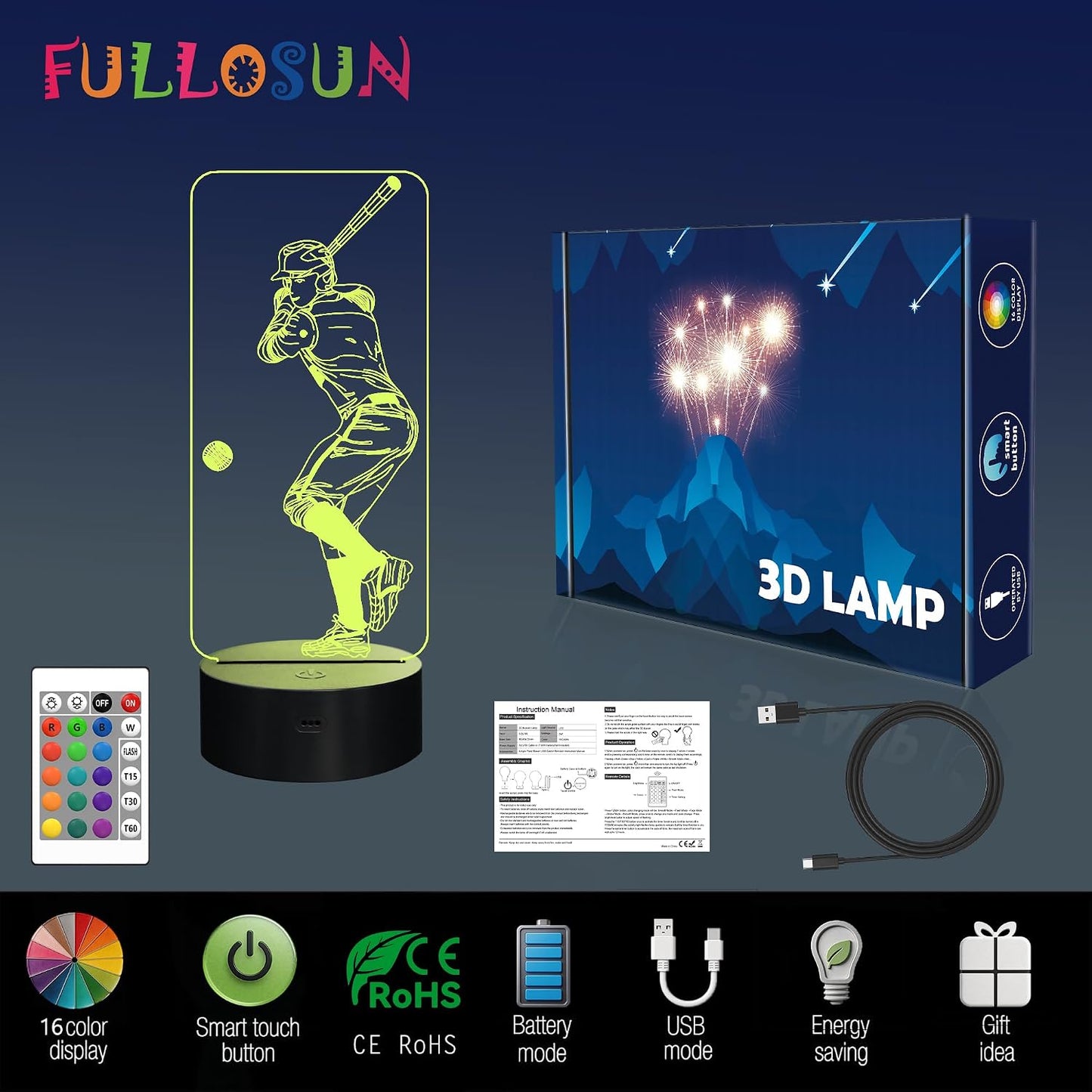 Baseball 3D Night Light, FULLOSUN Illusion Optical Bedside Lamp with Remote Control 16 Colors Changing, LED Cool Novelty Birthday Gift for Boy Kid Outdoor Sports Lover Collection Present