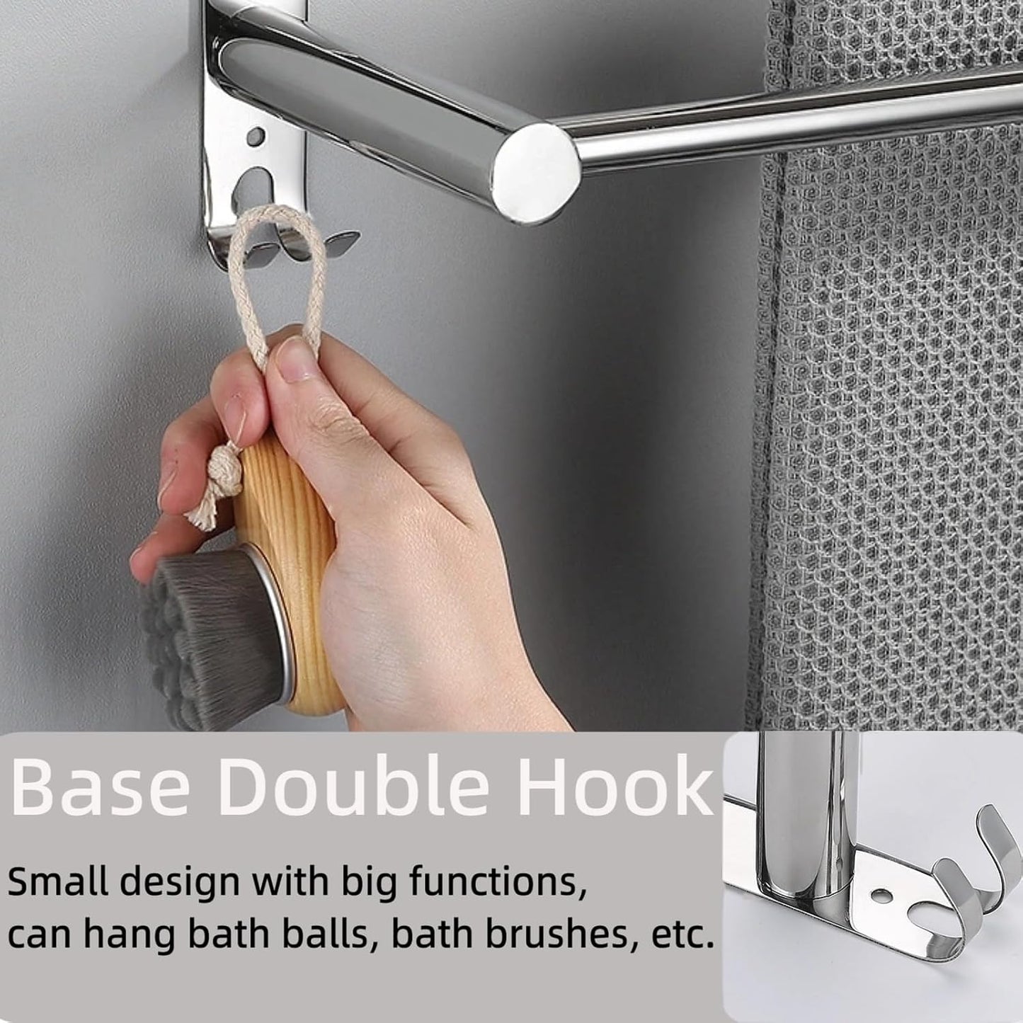 SUS304 Three Bar Adjustable Towel Rack, Expandable Range:16.5 in to 29.9 in, Bathroom Towel Holder with Double Hooks,Two Installation Methods:Drillinstallation and No-Drill Installation.(Silvery)