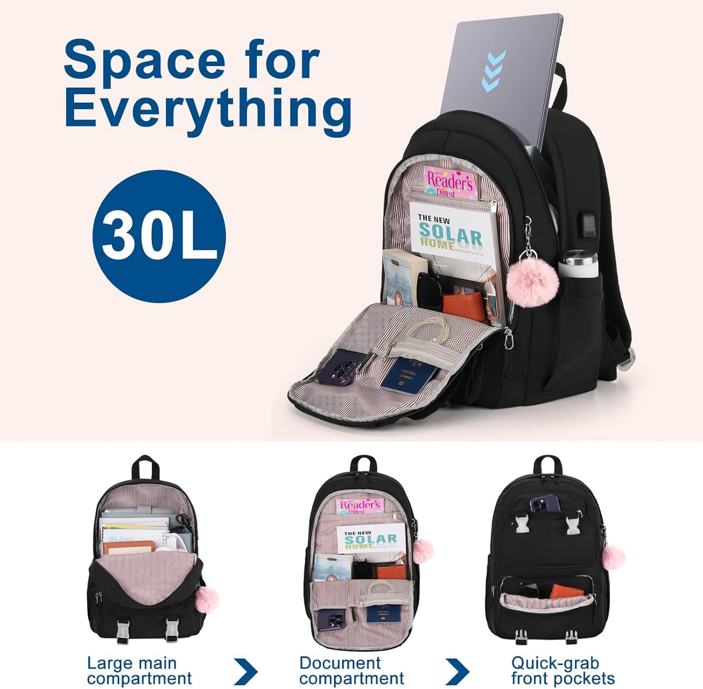 WINDARS Backpacks for Girls, 15.6 Inch School Bag Cute Waterproof laptop Bookbag Large College Backpack for Teen Women Students Anti Theft Travel Daypack Black