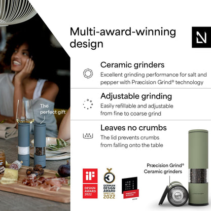 LARS NYSØM Salt and Pepper Mills Set Stainless Steel with Adjustable Ceramic Grinder 2 Pieces I Design Spice Mills Set Manual (Sage Green)