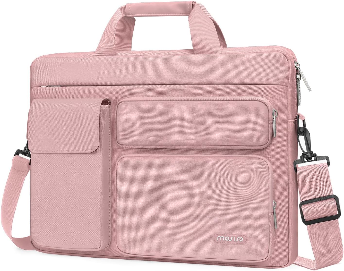 MOSISO Laptop Bag 16 inch, 15-15.6 inch Computer Shoulder Bag Compatible with MacBook Air 15 M4 M3 M2/Pro 16 M4 M3 M2 M1, Notebook &2 Raised&1 Flapover&1 Horizontal Pocket&Handle&Belt, Pink - PuriLite