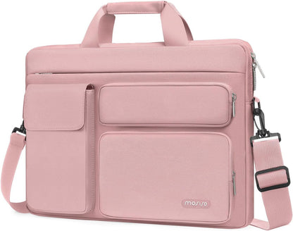MOSISO Laptop Bag 16 inch, 15-15.6 inch Computer Shoulder Bag Compatible with MacBook Air 15 M4 M3 M2/Pro 16 M4 M3 M2 M1, Notebook &2 Raised&1 Flapover&1 Horizontal Pocket&Handle&Belt, Pink - PuriLite