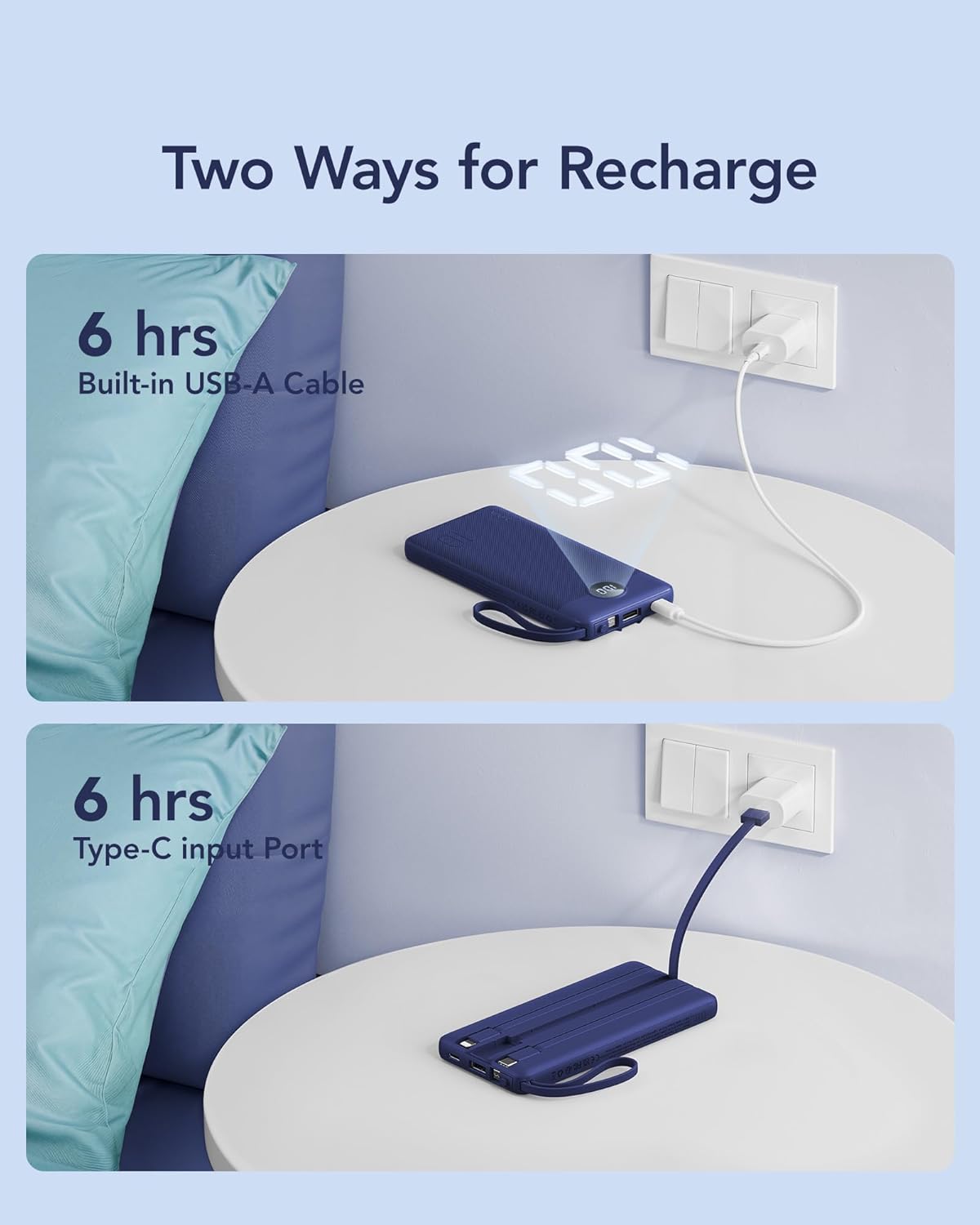 VRURC 10000mAh Power Bank Built-in Cables, Portable Charger with LED Display, Slim Intelligent Travel Battery Pack with Cords, 5 Output Dual Input Phone Charger for Cell Phone Smart Devcies-Blue