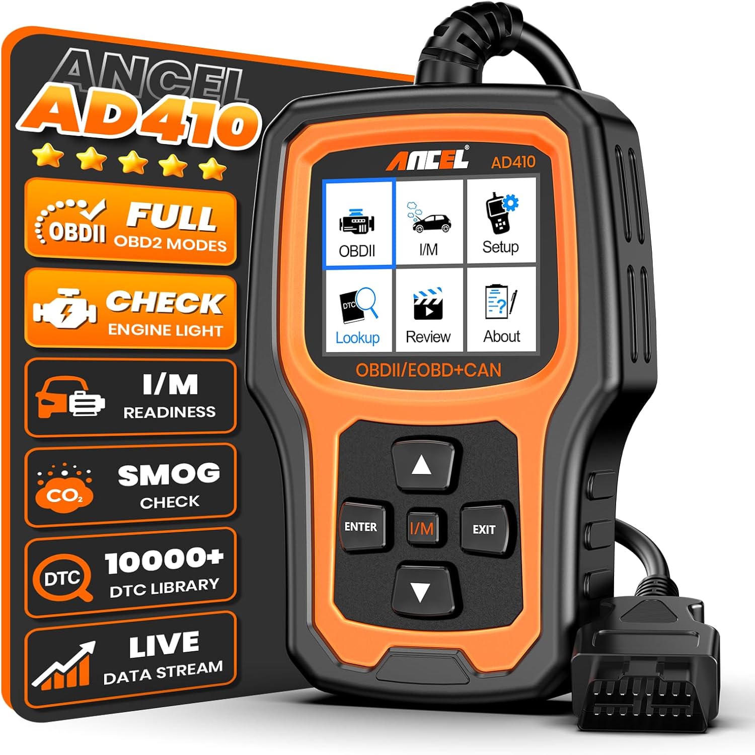 ANCEL AD410 Enhanced OBD2 Scanner – Vehicle Code Reader & Engine Fault Diagnostic Tool for All OBDII Cars 1996+, Live Data Monitoring, Black/Yellow - PuriLite