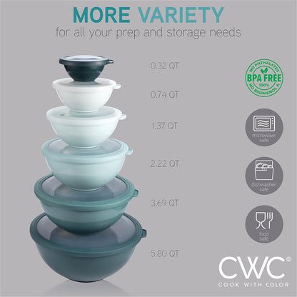 COOK WITH COLOR Mixing Bowls with TPR Lids - 12 Piece Plastic Nesting Bowls Set Includes 6 Prep Bowls and 6 Lids, Microwave Safe Mixing Bowl Set (Mint)