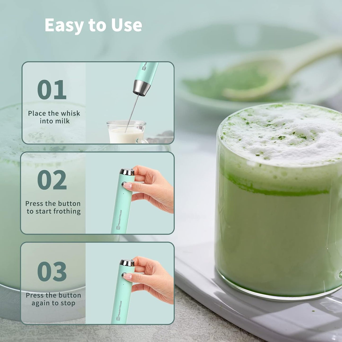 Maestri House Rechargeable Milk Frother, Handheld Electric Foam Maker Waterproof Detachable Stainless Steel Whisk Drink Mixer Foamer for Lattes, Cappuccino, No Stand (Black)，LunaFro NS
