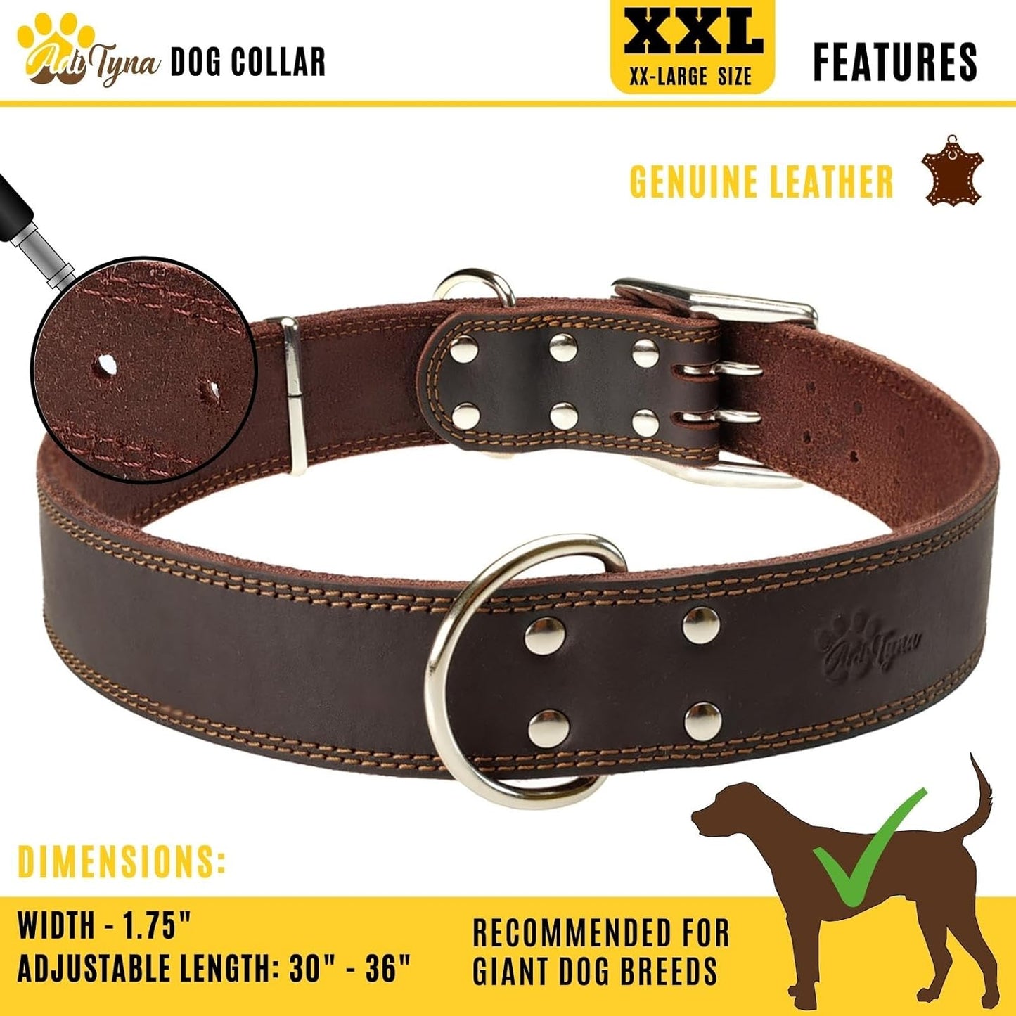 ADITYNA Heavy-Duty Leather Dog Collar for Medium Dogs - Soft and Strong, 100% Genuine Leather - Collier Pour Chien (Medium: Fit 13" - 20" Neck, Brown)
