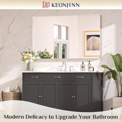 Keonjinn 42 x 36 Brushed Nickel Bathroom Vanity Mirror, Large Rounded Rectangle Bathroom Mirrors for over Sink, Metal Framed Silver Mirror for Wall, Shatterproof HD Tempered Glass(Horizontal/Vertical)