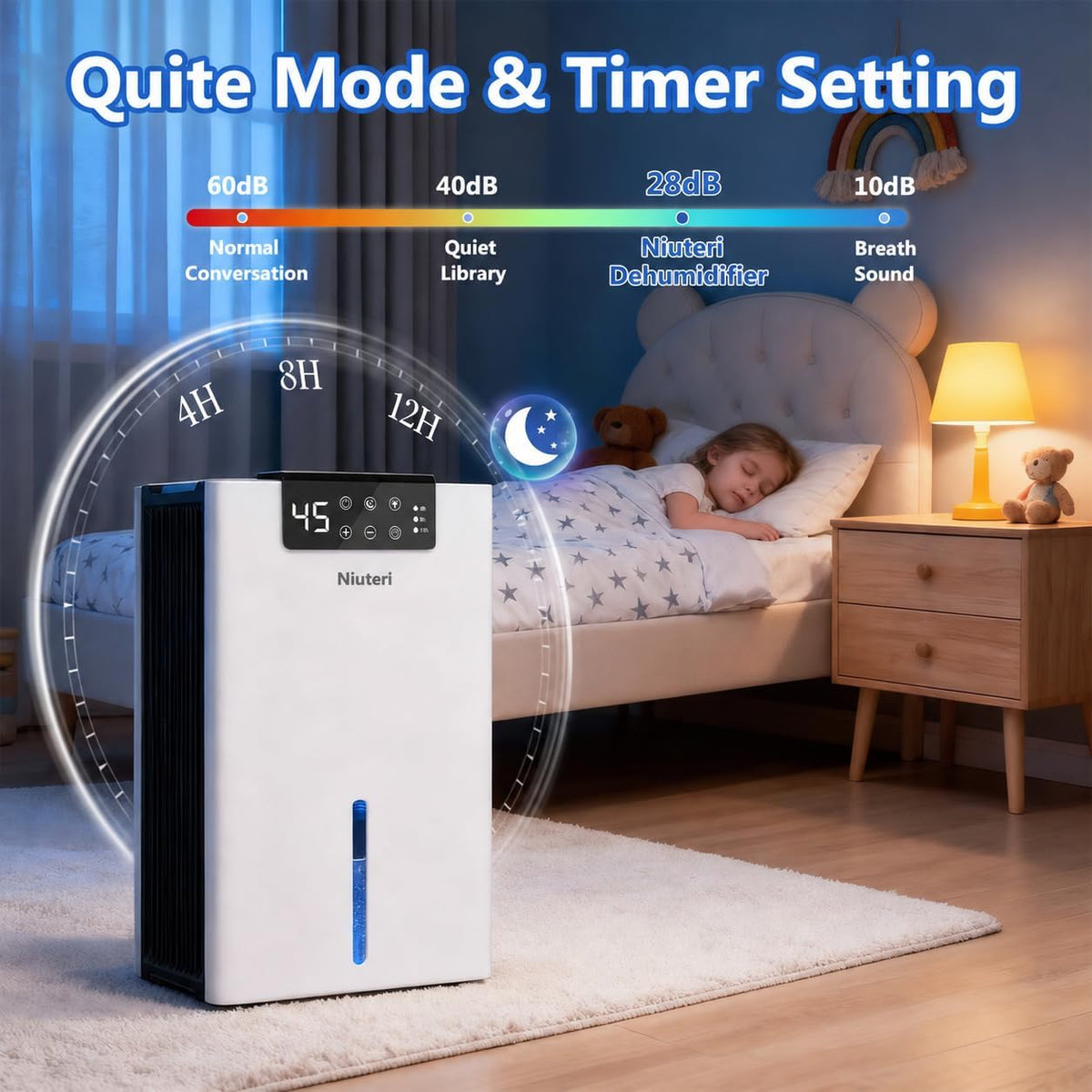 Dehumidifier, 1000Sq.Ft for Home, 98 OZ Dehumidifier for Basement, Quiet Dehumidifiers for Bedroom, Bathroom, RV. Dehumidifiers with Humidity Display, Drain Hose, Auto Shut-Off, Timer, White