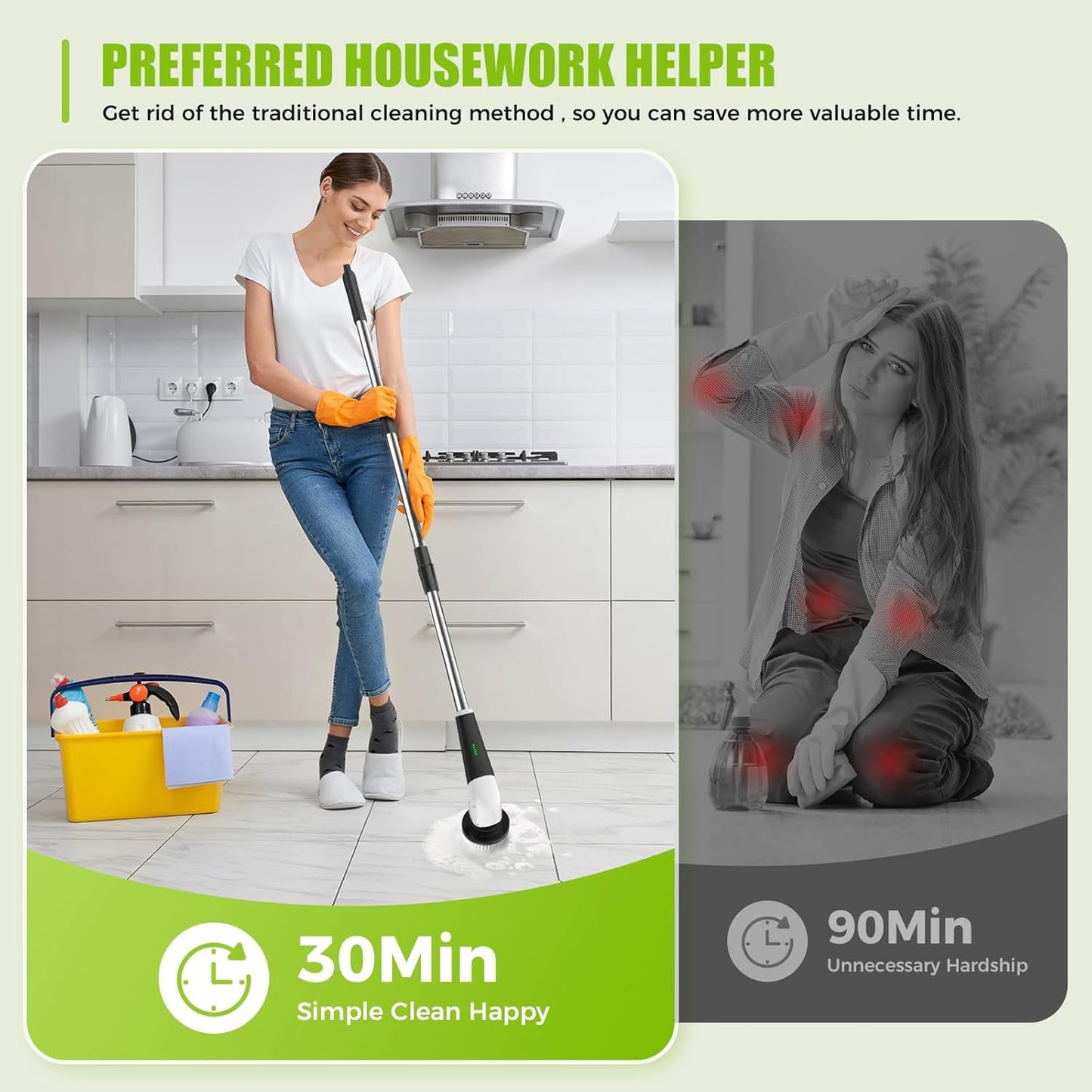 YKYI Electric Spin Scrubber,Cordless Electric Cleaning Brush,Shower Scrubber with 8 Replaceable Brush Heads,Power Scrubber 2 Adjustable Speeds,Bathroom Brush with Long Handle for Bathtub,Tile,Floor