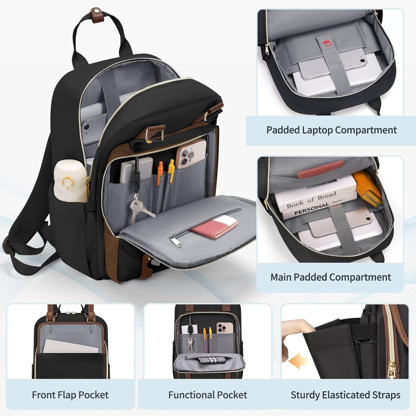 RAINSMORE Laptop Backpack 15.6 Inch for Women Large Travel Backpack with USB Charging Port Water Resistant