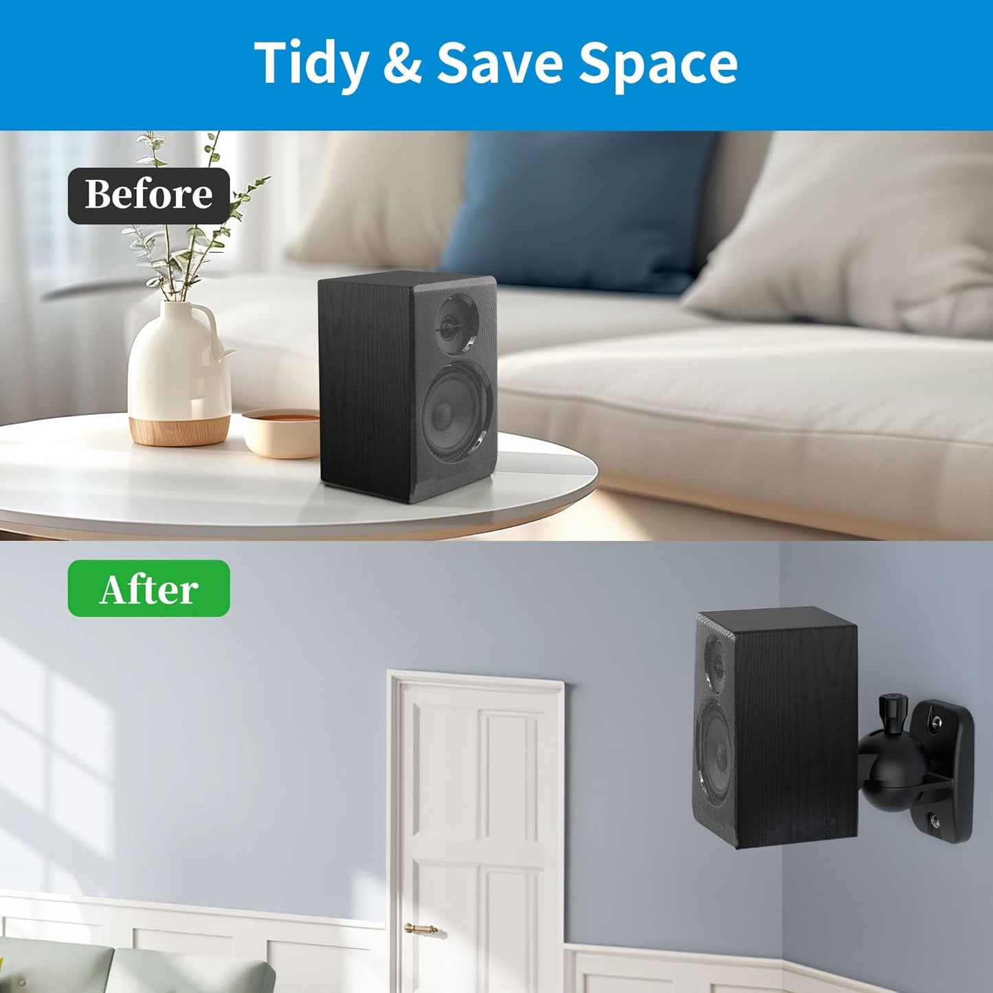 PlusAcc Speaker Wall Mount Brackets – Surround Sound Speaker Wall Mounts with 20° Tilt & 80° Swivel, Bookshelf Speaker Wall Screws Mounts, Holds Up to 7.7 lbs, Space-Saving Design (2-Pack, Black)