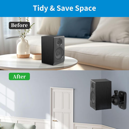 PlusAcc Speaker Wall Mount Brackets – Surround Sound Speaker Wall Mounts with 20° Tilt & 80° Swivel, Bookshelf Speaker Wall Screws Mounts, Holds Up to 7.7 lbs, Space-Saving Design (2-Pack, Black)