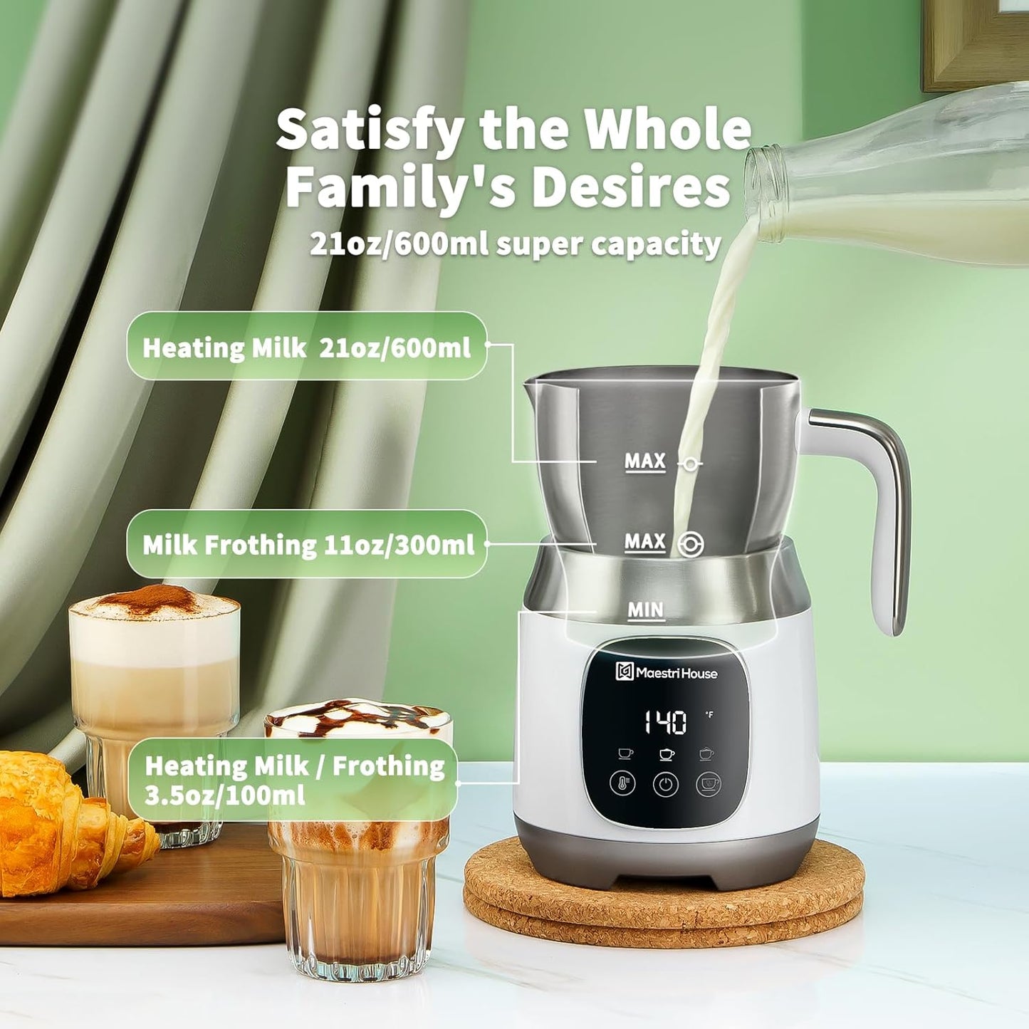 Maestri House Milk Frother, Variable Temp and Froth Thickness Milk Frother and Steamer, 21OZ/600ML Smart Touch Control Milk Warmer, Dishwasher Safe, Memory Function for Latte Cappuccino (White)