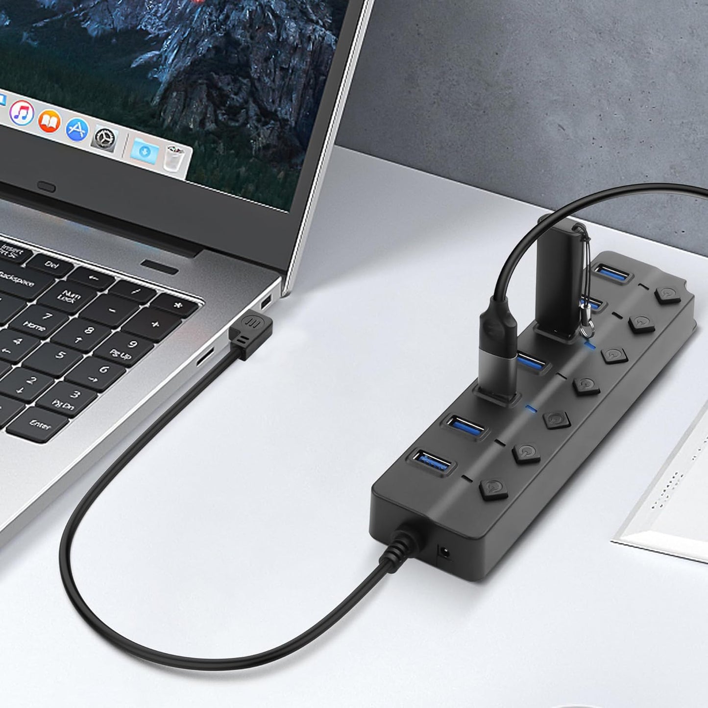 90 Degree USB Hub Splitter YACSEJAO USB 2.0 Data Hub with Individual LED Button On/Off Switch DC5.5 * 2.1 Power Port for Laptop,PC Computer (7 Ports, 1M)