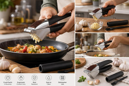 Garlic Press Set, Heavy Duty Zinc Alloy Garlic Crusher & Mincer – Ergonomic Non-Slip Handle, Easy Clean with Peeler & Brush, Professional Kitchen Tool for Garlic, Ginger & Herbs