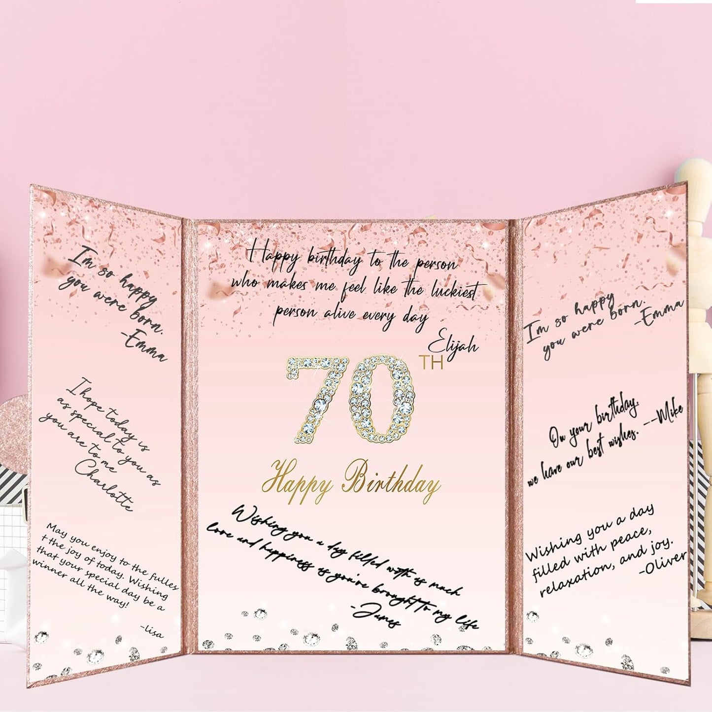 Crenics Rose Gold 70th Birthday Decorations, Creative 70th Birthday Guest Sign in Book Alternative, Large 70th Birthday Signature Book 12" x 18", Great 70 Years Old Birthday Gifts for Women - PuriLite