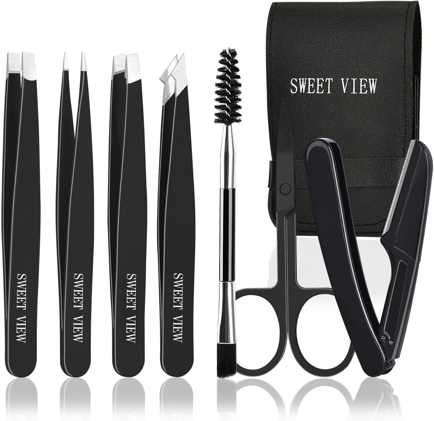 SWEET VIEW 7pcs Eyebrow Tweezers Set, Stainless Steel Tweezers for Women and Man, Precision Plucker Tweezers for Facial Hair, Chin, Eyebrow, Splinter and Ingrown Hair Removal