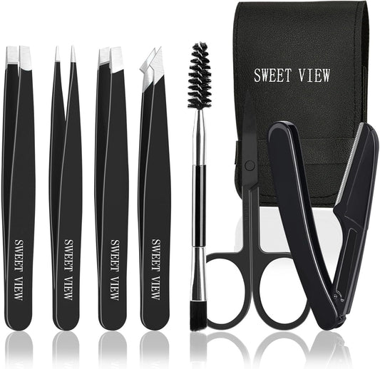 SWEET VIEW 7pcs Eyebrow Tweezers Set, Stainless Steel Tweezers for Women and Man, Precision Plucker Tweezers for Facial Hair, Chin, Eyebrow, Splinter and Ingrown Hair Removal