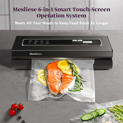 Mesliese 6-in-1 Vacuum Sealer, 2 Bag Rolls & 5 Pre-cut Bags, Dry/Moist Modes | Gray, 90kPa Compact Vacuum Food Sealing Machine, Smart Suction, Stainless Steel Panel, External Vacuum for Jars, Cutter