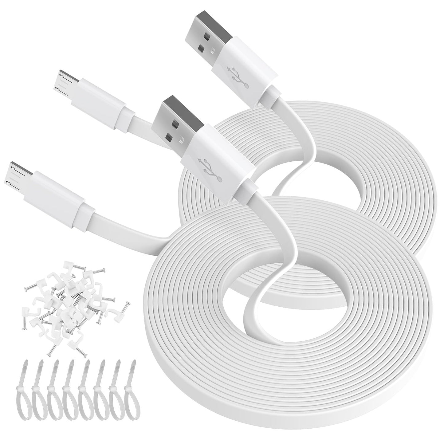 ANLINK 2-Pack 30ft Flat Micro USB Cable | 9M USB to Micro USB Charging & Data Sync Cable | White | Compatible with Security Cameras & Micro USB Devices