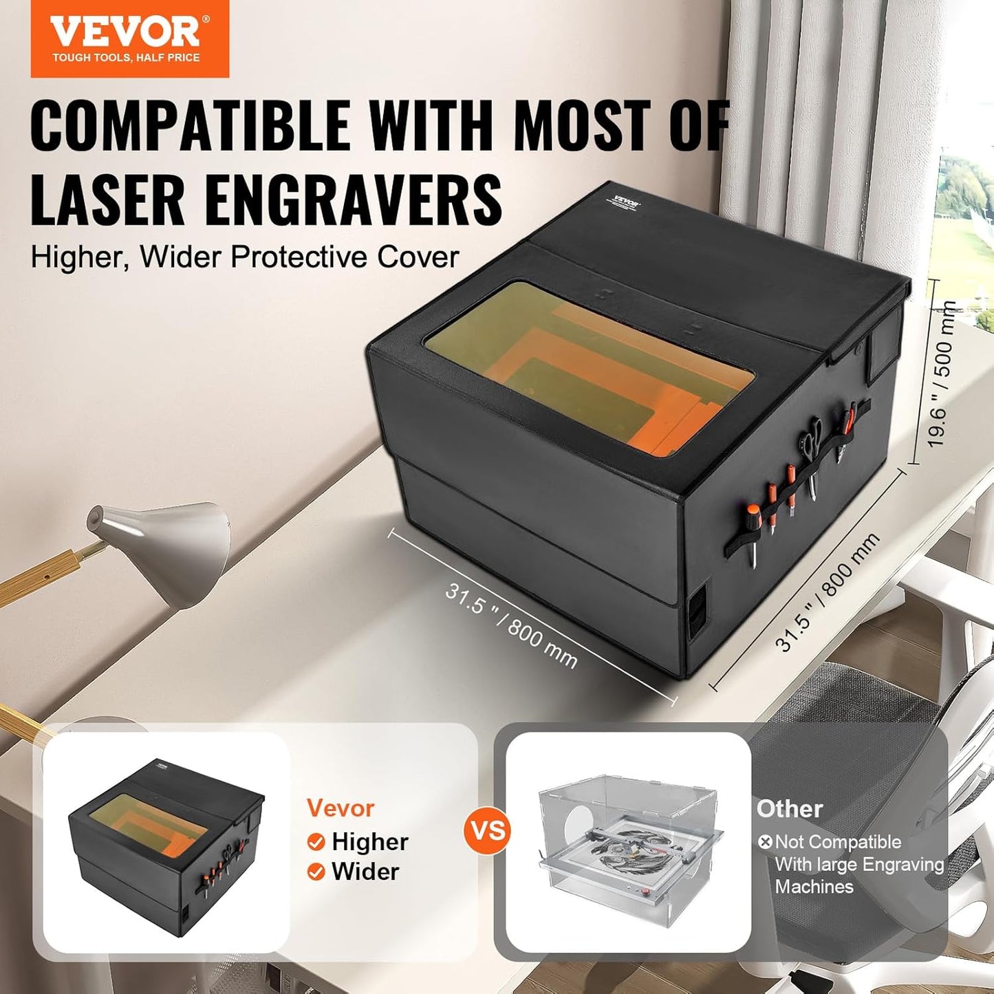 VEVOR Laser Engraver Enclosure, 31.5 x 31.5 x 19.6", Dual-Direction Viewing, Flame Retardant and Fireproof Protective Cover, with Exhaust Fan and Pipe, Insulates Smoke, Noise and Eye Protection