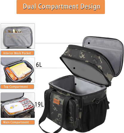 Expandable Large Lunch Bag, Double Deck Insulated Lunch Box Leakproof Durable Soft Cooler Bag for Men Women Adults Work Construction Beach Picnic Daytrip,16L,Black, GLENKEY