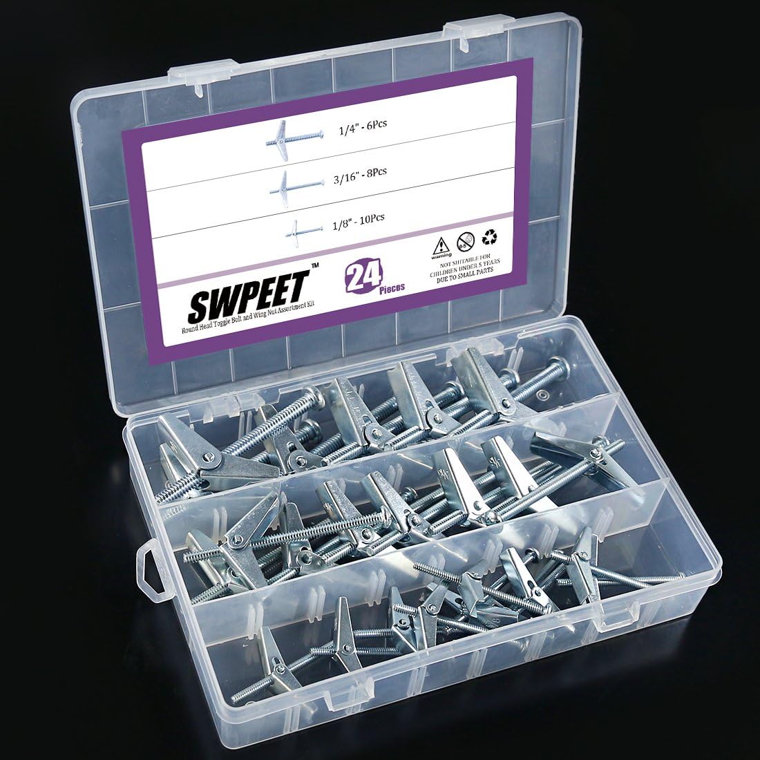 Swpeet Assorted 24 Pcs Toggle Bolt and Wing Nut for Hanging Heavy Items on Drywall - 1/8 inch, 3/16Inch, 1/4Inch