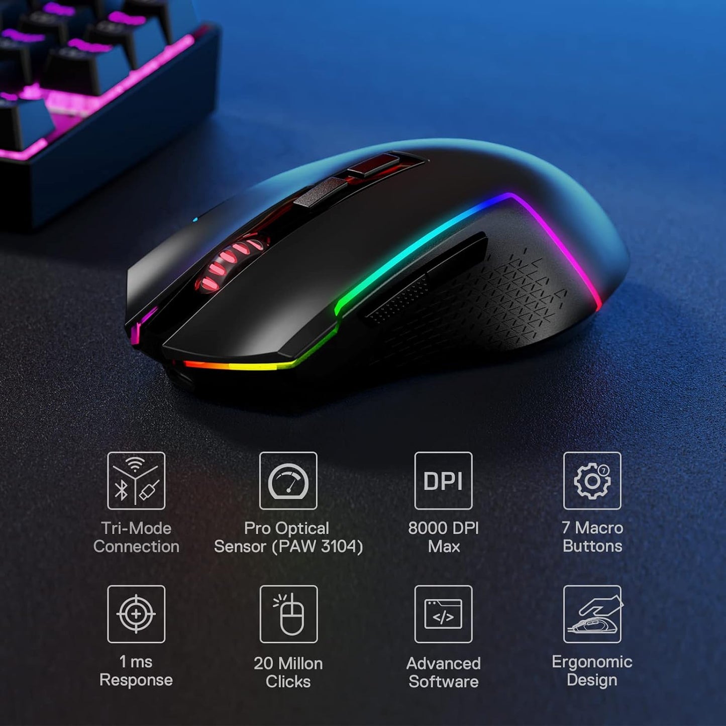 Redragon M693 Wireless Gaming Mouse, 8000 DPI Wired/Wireless Mouse w/ 3-Mode Connection, BT & 2.4G Wireless, 7 Macro Buttons, Durable Power Capacity for PC/Mac/Laptop