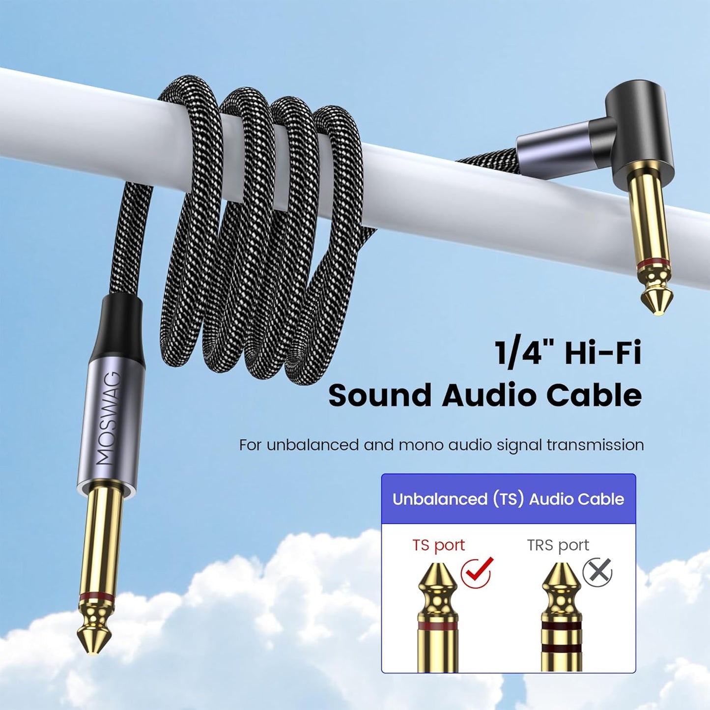 MOSWAG Guitar Cable 10 Ft, 1/4 Inch Right Angle Instrument Cable, Electric Guitar Cord, 1/4 Inch TS Electric Guitar Amp Cord Compatible Bass Guitar, Electric, Bass, Amplifier