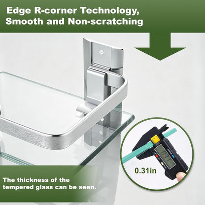 Bathroom Glass Shelf 15.7" Silver Wall-Mounted, Floating Metal Storage Rack | 3 Pack Aluminum Tempered Glass 0.3in Extra Thick Rectangular，Space-Saving Design