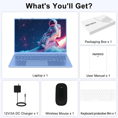NOTODD Laptop 16" 12GB LPDDR4 512GB SSD Celeron N5095 Up to 2.9Ghz Quad-Core Win 11 PC 1920*1200 2K Screen Dual WIFI Support 2.5" HDD 1TB SSD Expand with Cooling Fan Numeric Keypad for Business-Blue