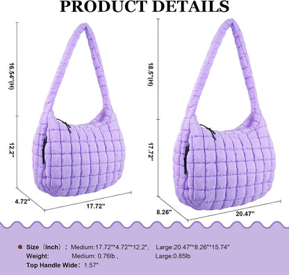 Quilted Puffer Tote Bag Large Crossbody Shoulder Bag with Zipper, Nylon Hobo Oversized Handbag