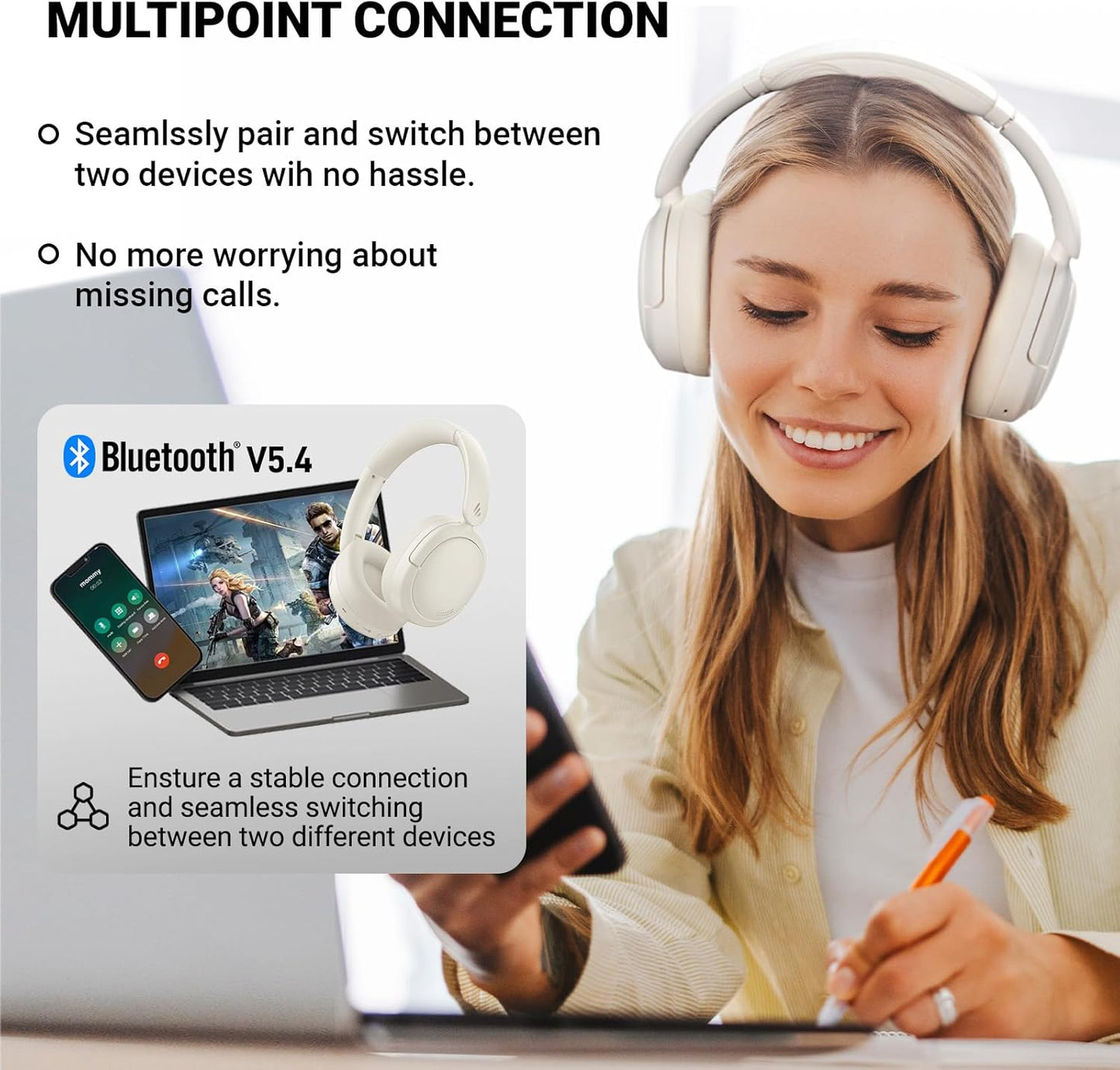 Edifier V80 Hybrid Active Noise Cancelling Bluetooth Headphones, Wireless Over Ear Headset with 45H Playtime, Wired Hi-Res Audio Fast Charging Multipoint Connection for Home Travel Office - Navy Blue