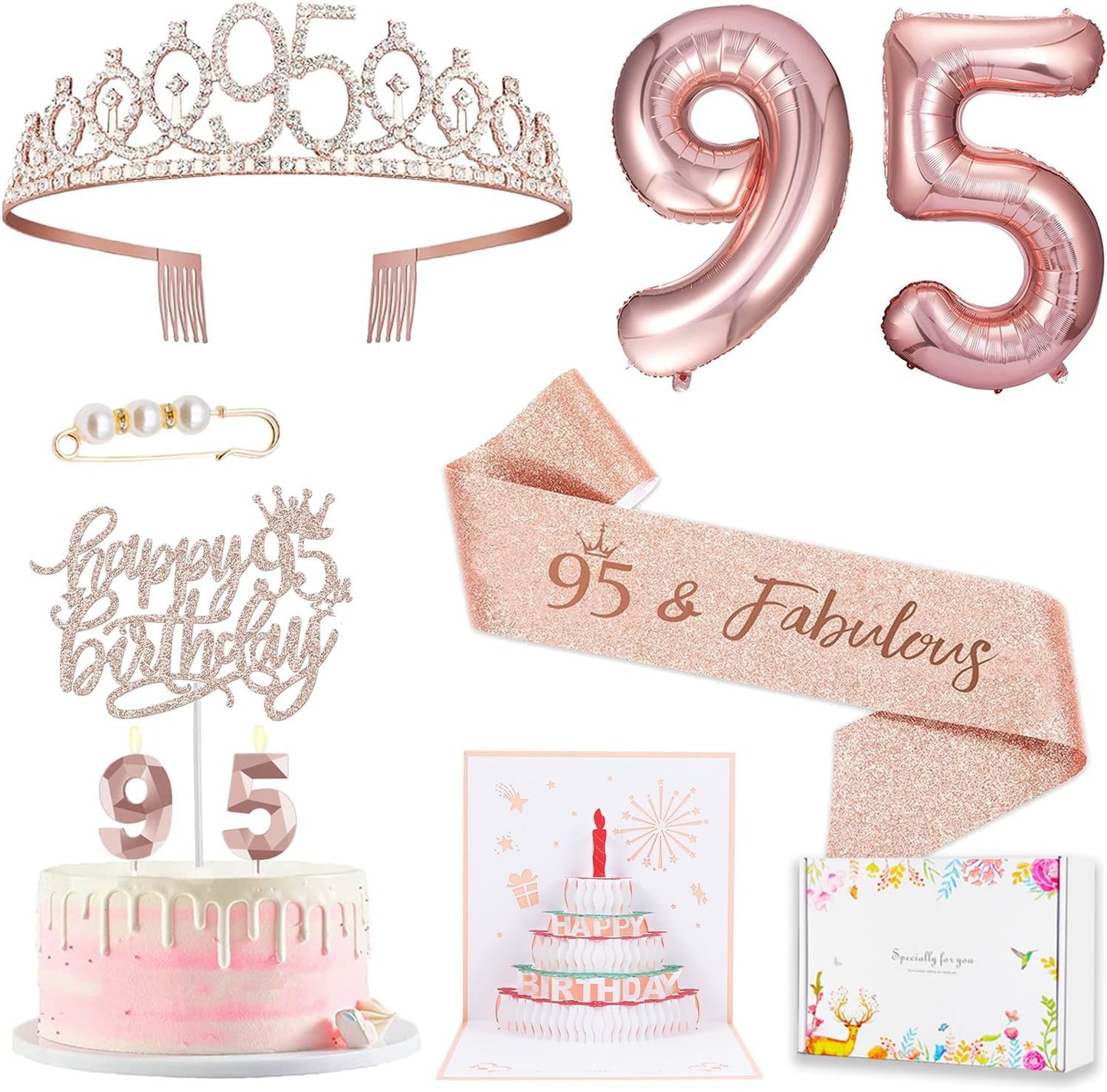 8pcs 40th Birthday Decorations gifts for Women, Including 40th Happy Birthday Cake Topper, Queen Sash with Pearl Pin, Sweet Rhinestone Tiara Crown for Women, Number Candles and Balloons (Rose Gold)