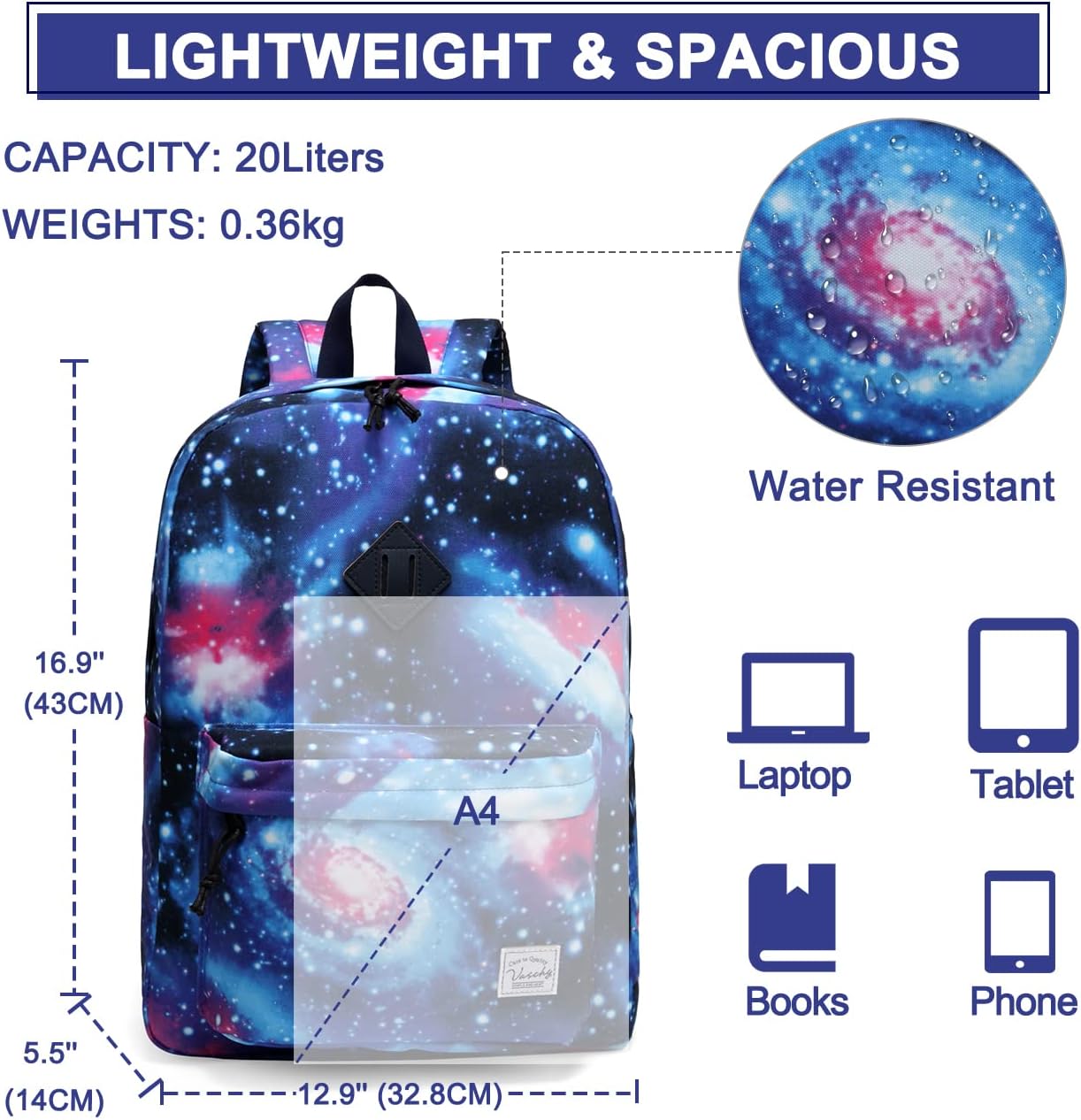 School Backpack for Kids, VASCHY Lightweight Water Resistant Casual Schoolbag Daypack for Men Women Teen Boys Girl Bookbag