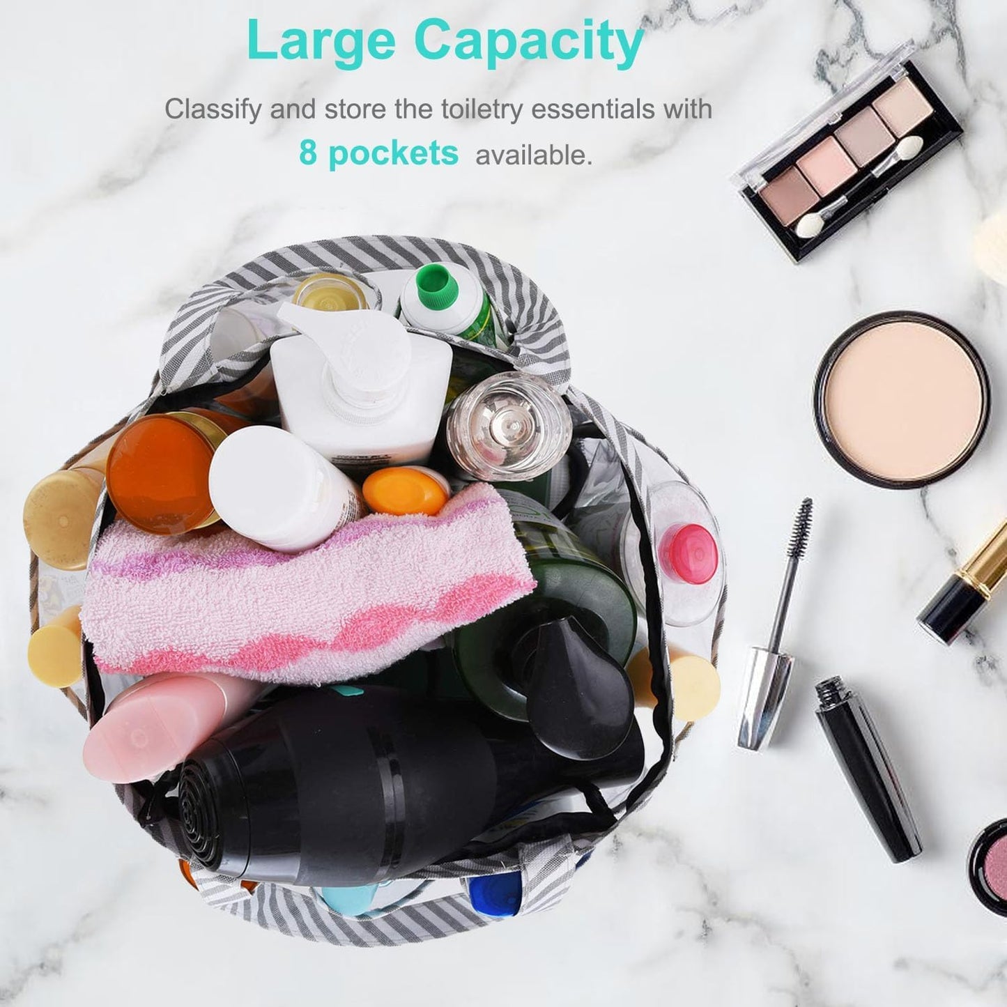 Mesh Shower Caddy Tote, Large College Dorm Bathroom Caddy Organizer with Key Hook and 2 Oxford Handles, Quick Hold, 8 Basket Pockets for Camp Gym