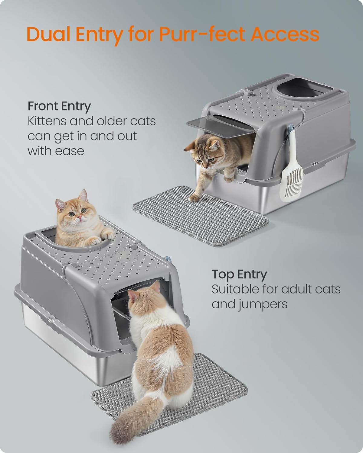 Feandrea Stainless Steel Cat Litter Box with Flip Lid, XL Enclosed Litter Box for Cats up to 15 kg, with Leak-Proof Design, Scoop, Brush, Dual Entry, Cappuccino Beige UPPT005K01