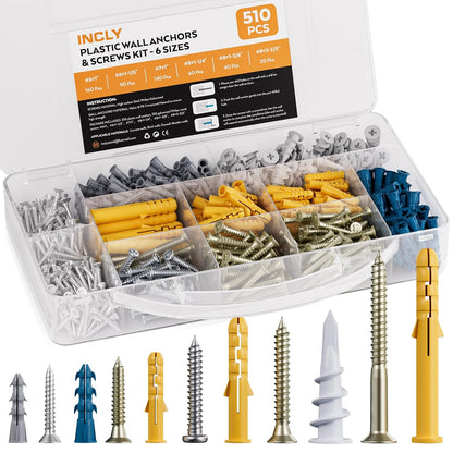 INCLY 230 PCS Drywall Anchors and Screws Assortment Kit,115 Plastic Self Drilling Wall Anchors for Drywall and 115 Flat Head Screw,5 Sizes Heavy Duty Galvanized Screw and Wall Plug Bolts with Box