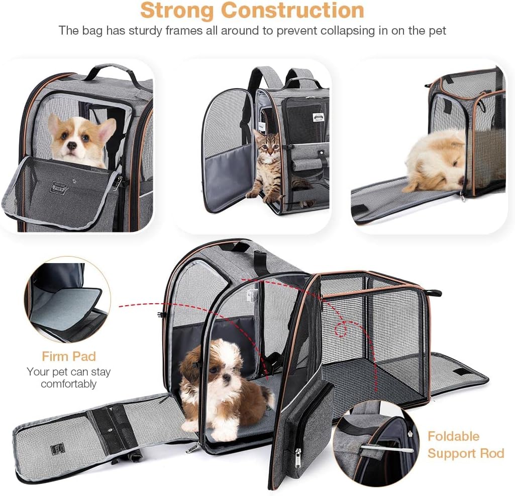 Lekespring Cat Bag, Expandable Cat Backpack Carrier for Small Dogs Medium Cats Fit Up to 18 Lbs, Dog Backpack Carrier, Foldable Pet Backpack Carrier for Travel, Hiking, Outdoor Use (Grey)