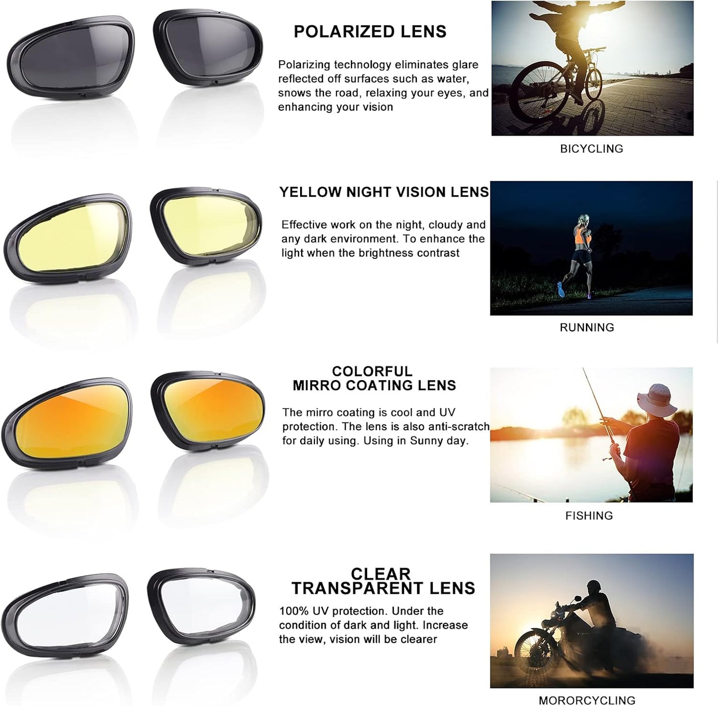 Polarized Motorcycle Riding Goggles, Windproof Cycling Glasses UV400 Outdoor Sports Sunglasses Interchangeable Lenes for Running, Baseball Golf, Driving, Fishing, Riding, Mountain Bike, Hiking